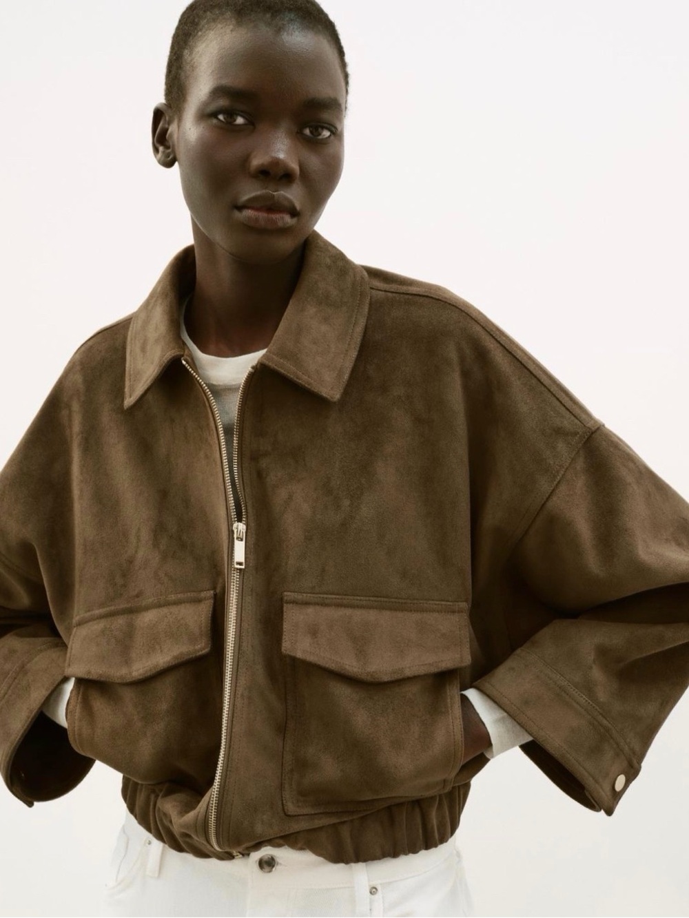 ZARA NWT Faux Suede Bomber Jacket Oversized Utility Coat Dark Khaki Medium